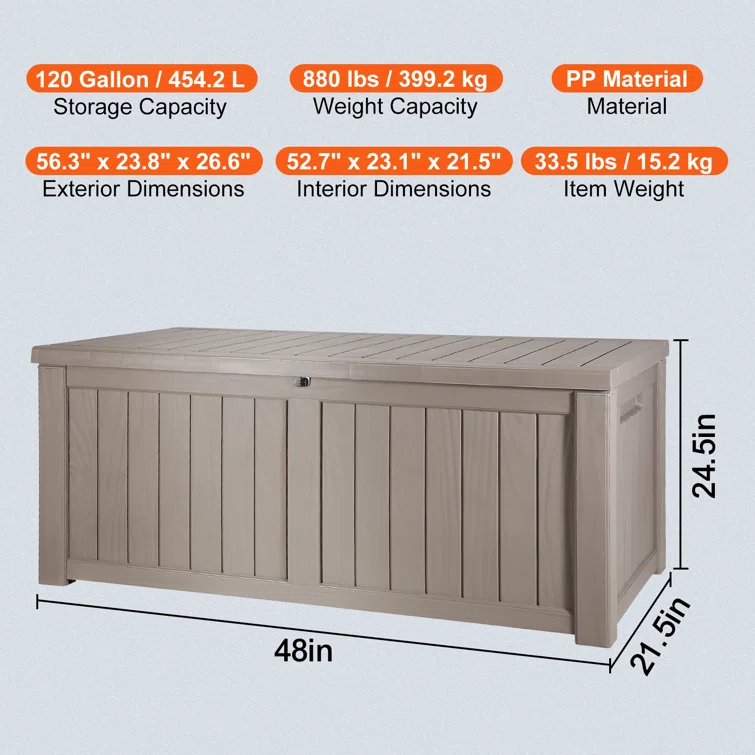 VEVOR 48'' W 120 Gallons Water Resistant Polypropylene Lockable Deck Box in Brown
