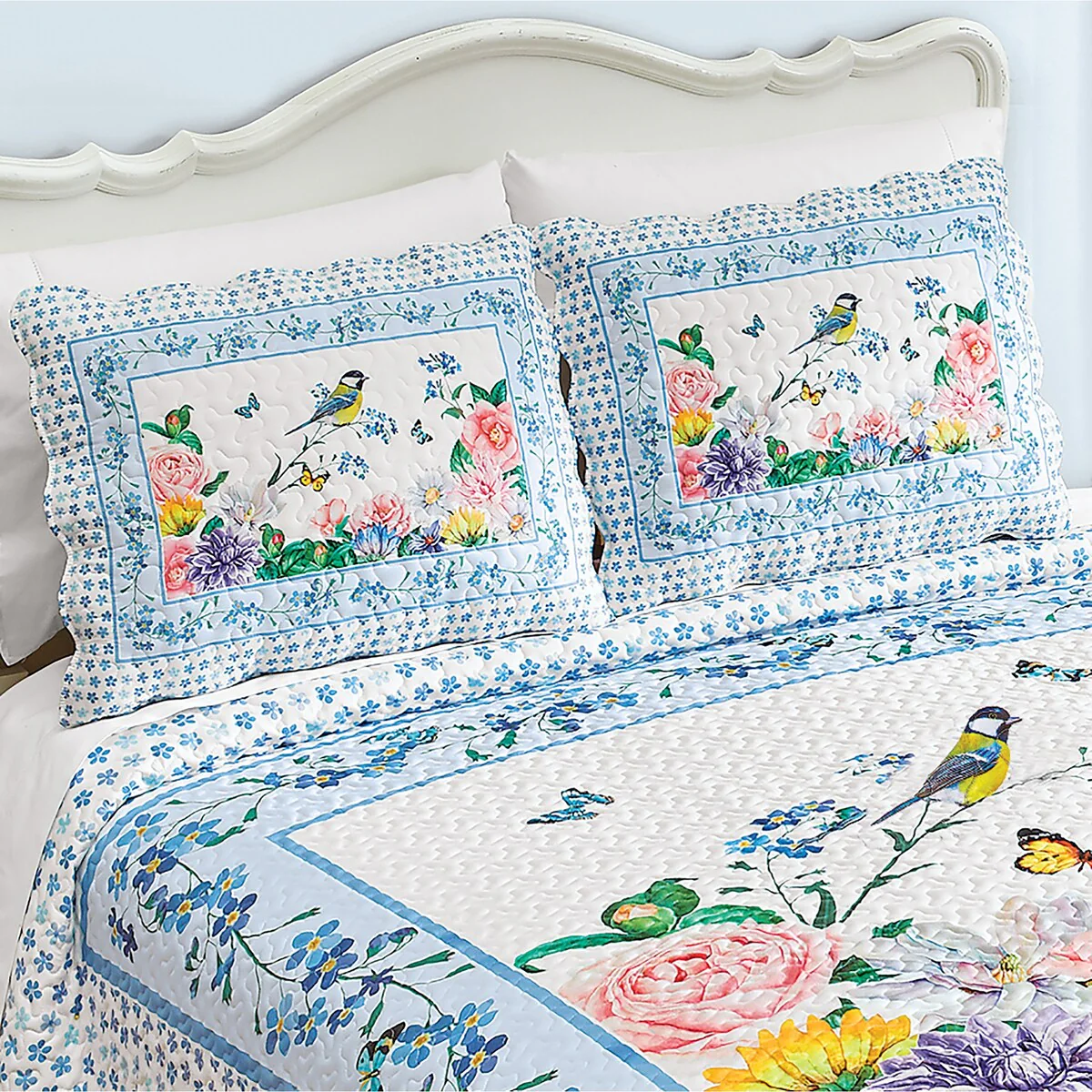 Floral Colorful Garden Blooms and Birds Pillow Sham Set