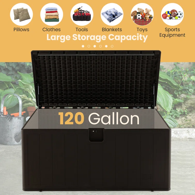 Costway 59'' W 130 Gallons Lockable Deck Box in Brown