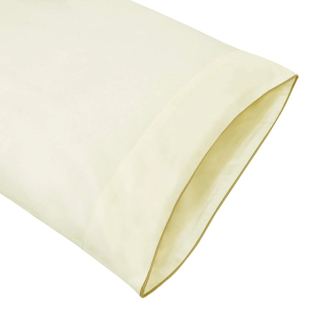 A1HC Pillow Case 100% Fine Smooth Long Staple Cotton Sateen 300 TC Ivory with Sand Brown Piping On The Mouth, Set of 2