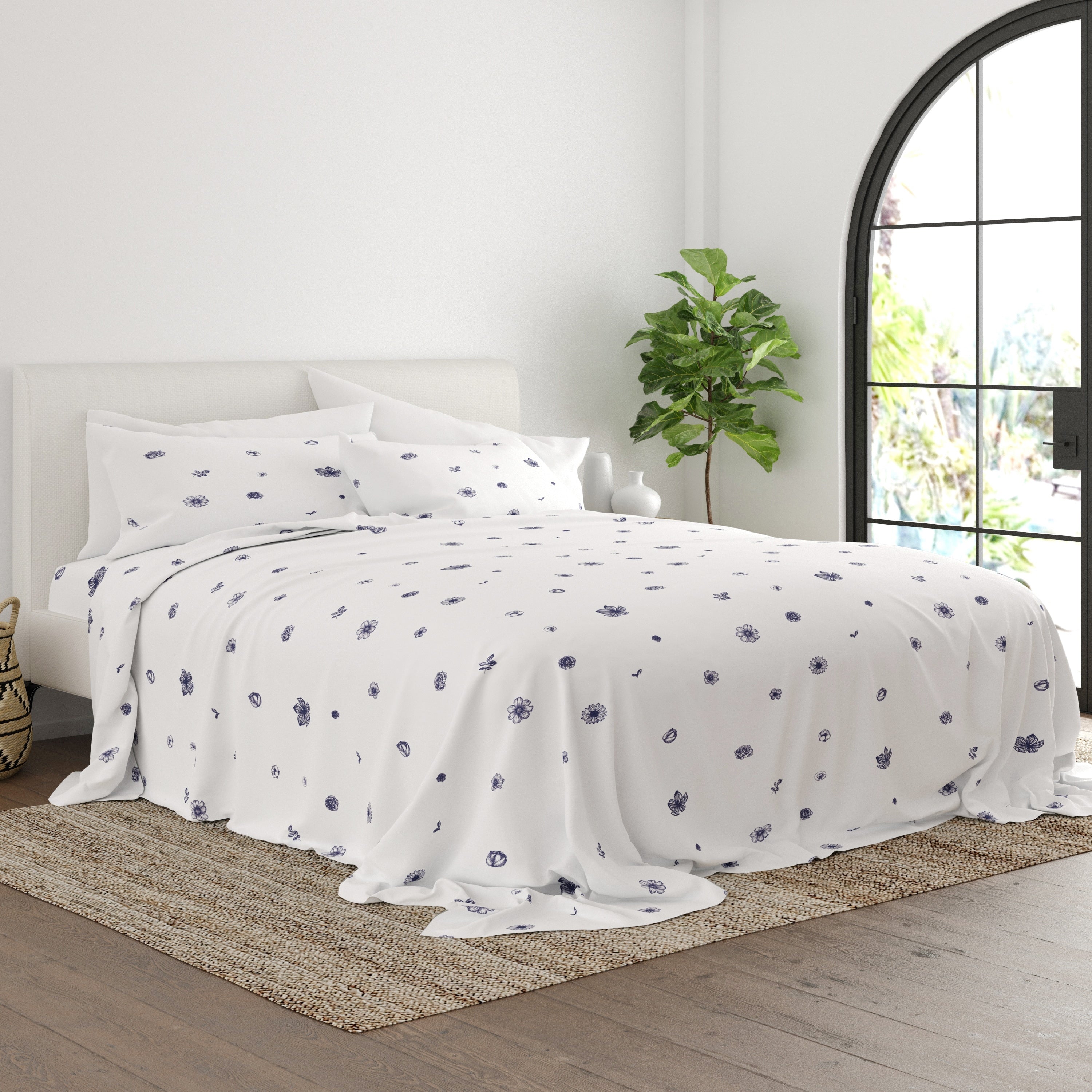 Becky Cameron Indigo Flowers Pattern 4 Piece Deep Pocket Bed Sheet Set