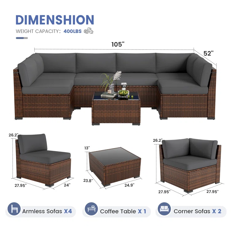 7 Piece Rattan Sectional Seating Group with Cushions