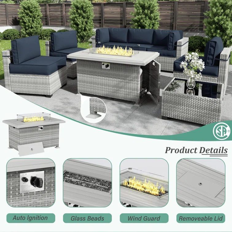 8-Piece Outdoor Patio Conversation Set with Fire Pit Table and 5-inch Thicker Cushions