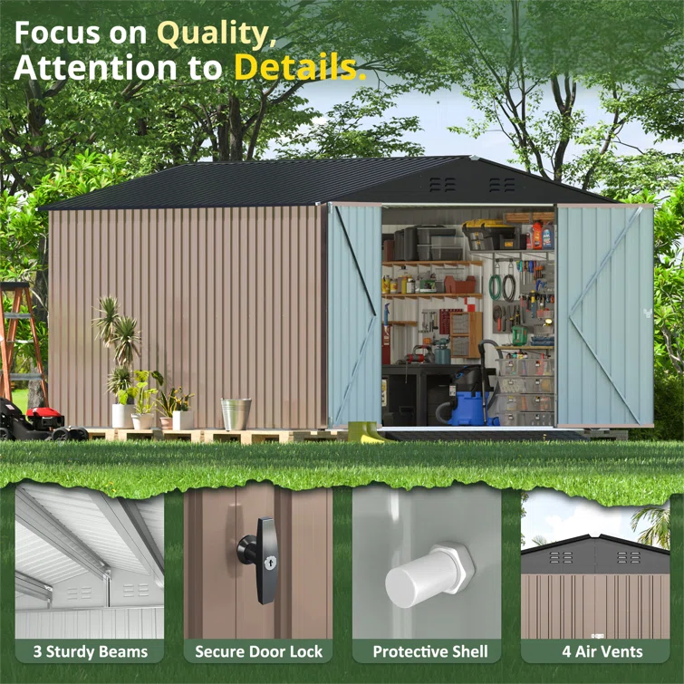 Outdoor Metal Shed Storage with Updated Frame Structure and Lockable Doors