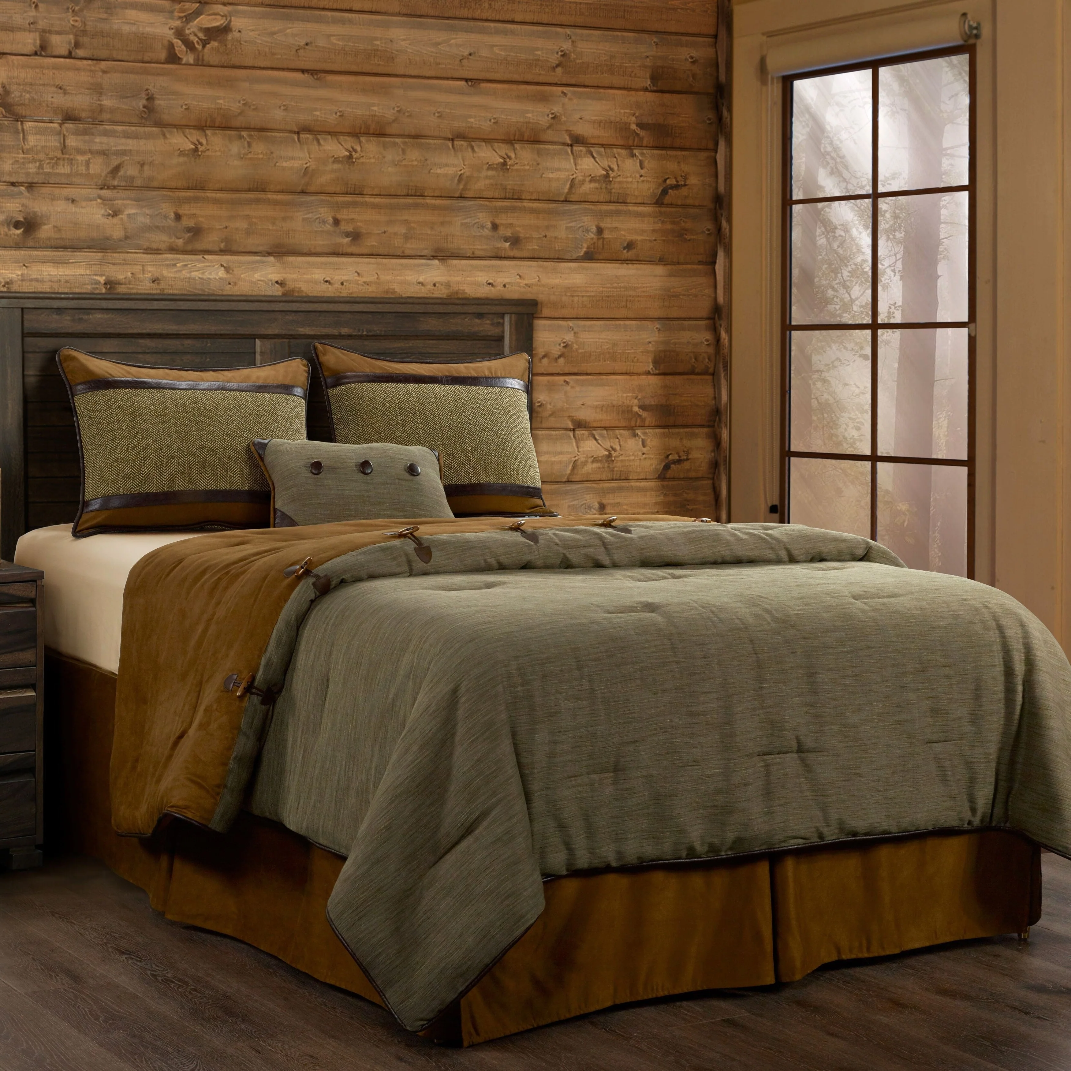 Paseo Road Highland Lodge Olive Brown Rustic Bedding 5 Piece Comforter Set with Bed Skirt, Shams, & Accent Pillow