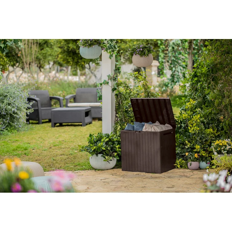 Keter City 30 Gallon Small Durable Resin Outdoor Storage and Organization Deck Box For Patio Furniture and Supplies, Brown