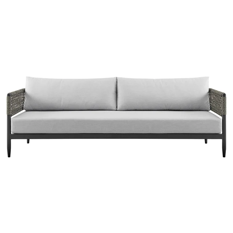 Scotia 4 Piece Outdoor Conversation Set in Black Aluminum and Rope with Light Gray Fabric Cushions