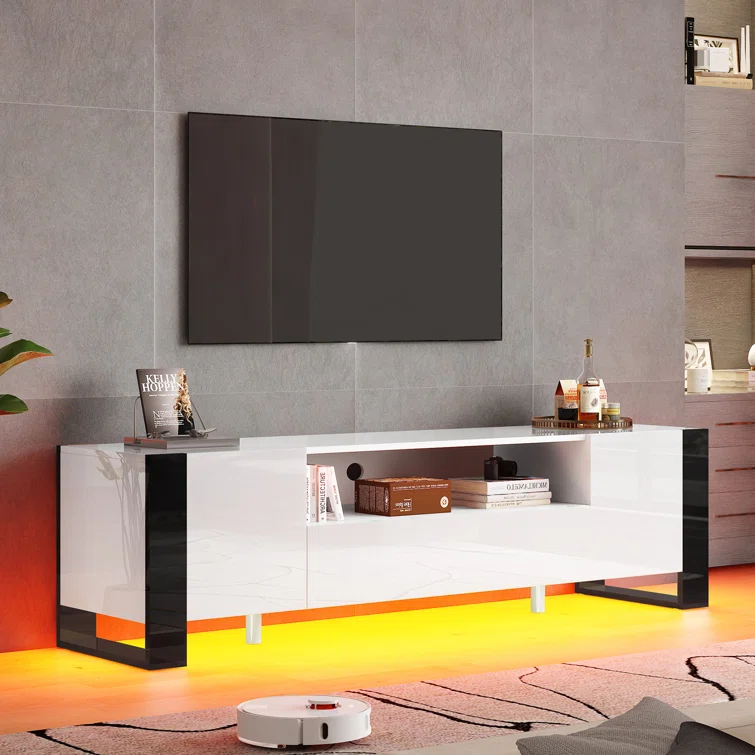 Bhhatu Modern LED TV Stands, 70 Inch TV Console With High Gloss Finish,Entertainment Center With 2 Cabinet Storage Drawer For Living Room, Gaming Room, TV Cabinet For TVs Up To 80