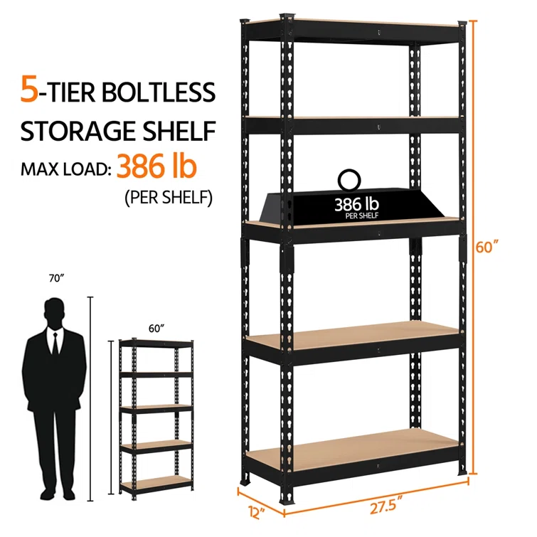 Tevis 60" H x 27.5" W x 12" D 5 Tiers Boltless Adjustable Storage Shelf Goods Rack