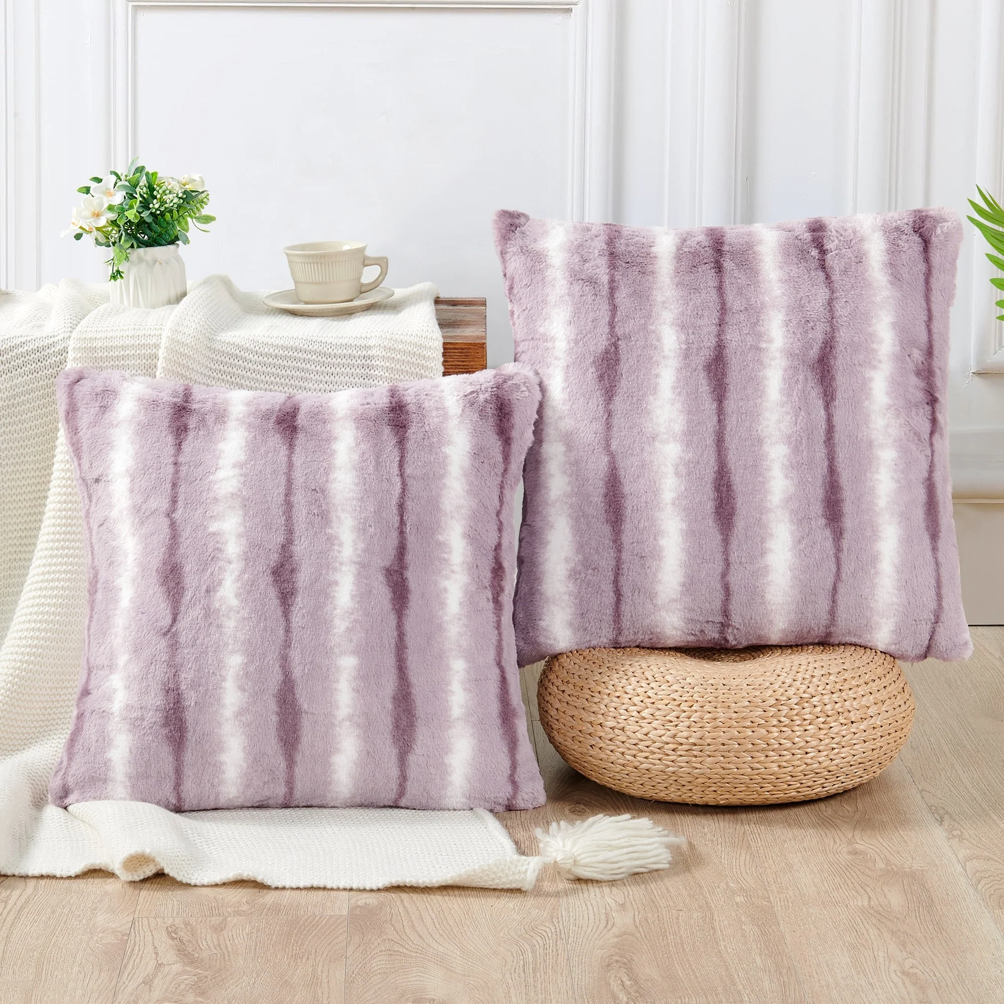 Amanda Stripe fauxfur Throw Pillow Covers Set of 2, NO INSERT