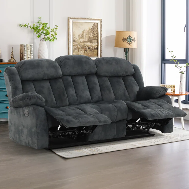 Oxier 84'' Wide Short Plush Fabric Cushion Back Manual Reclining Sofa with Skin-Friendly Upholstery