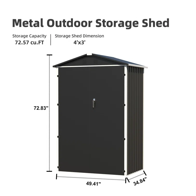 4 ft. W x 3 ft. D Galvanized Steel Tool Shed, Black Outdoor Metal Shed With Lockable Handles