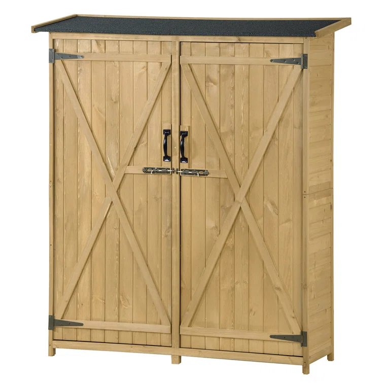 Outdoor Storage Cabinet, Wood Garden Shed, Lockable Doors & Asphalt Roof, 3-tier Shelves
