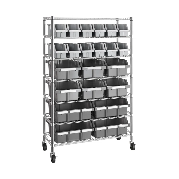 36" W NSF-Certified Commercial 7-Tier 22-Bin Storage Rack with Wheels