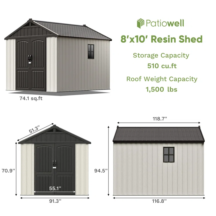 8 ft. W x 10 ft. D Plastic Storage Shed with Floor, Resin Shed with Reinforced Steel Structure