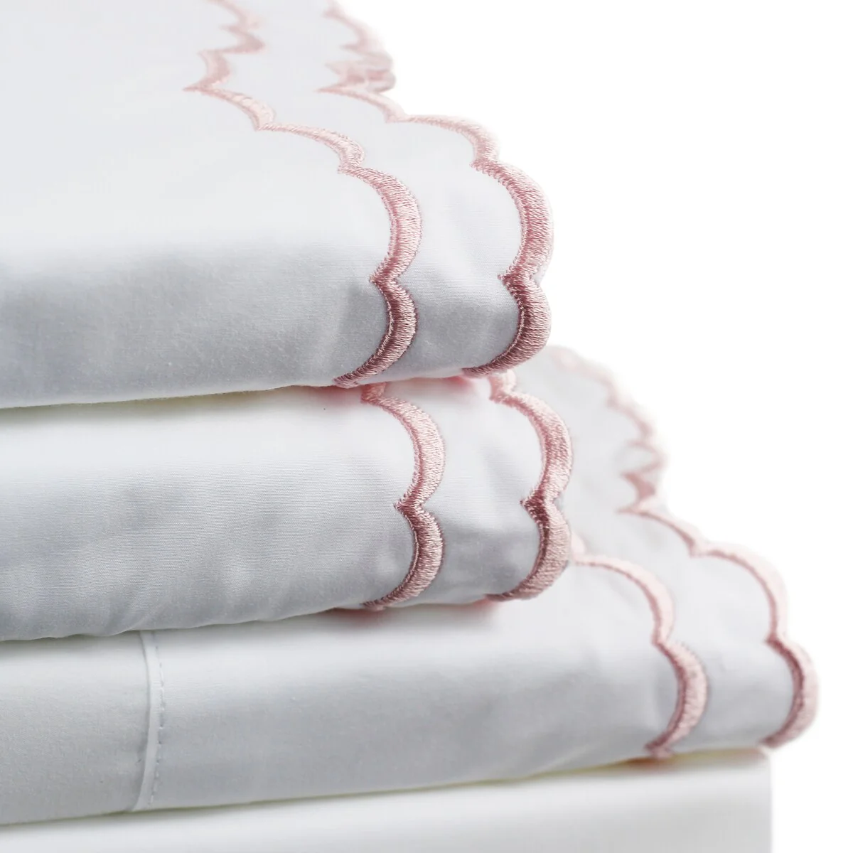 Percale Cotton Double Scalloped Embroidered Crisp Sheet Set