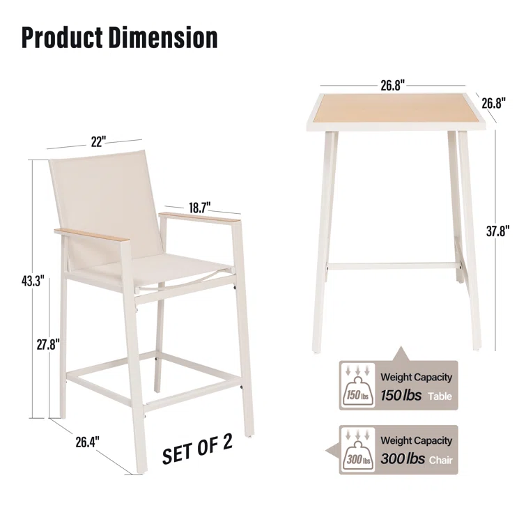 Aletza Square 2 - Person 27'' Long Outdoor Dining Set, PVC-Coated Polyester Patio Bar Set With Height Table