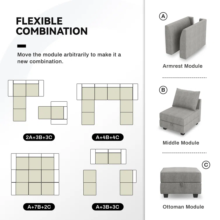 L Shaped Modular Reversible Sofa with Chaise Small Sectional