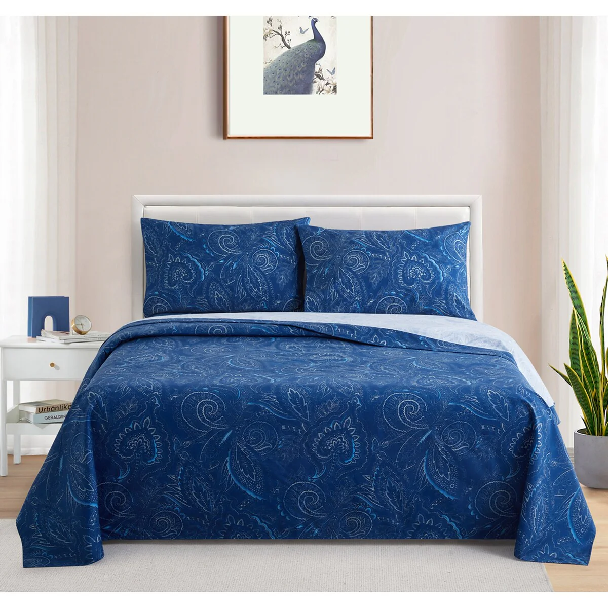 Marina Decoration Printed 600 Thread Count Soft Deep Pocket Cotton Blend Percale Bedding Sheet Set, Navy Blue Paisley
