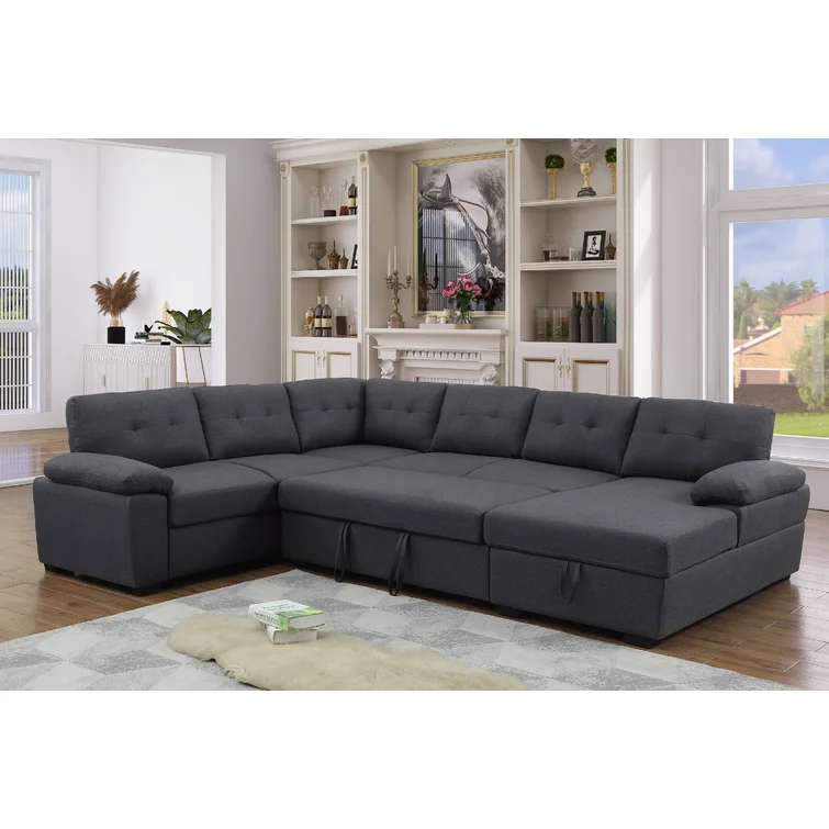Aine 118" Wide Fabric Sectional Sleeper Sofa (Pull-Out Bed) With Storage Chaise