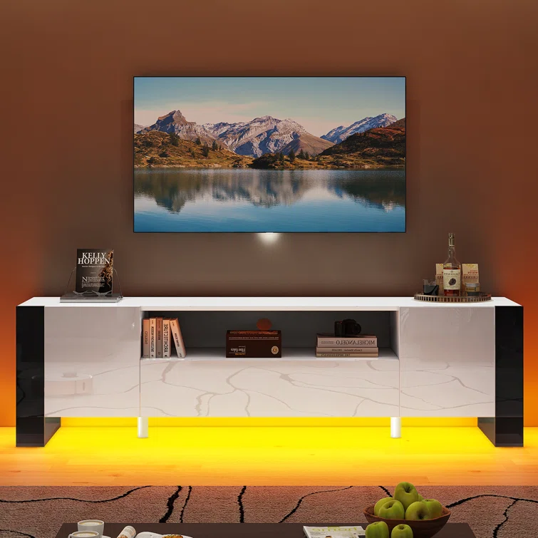 Bhhatu Modern LED TV Stands, 70 Inch TV Console With High Gloss Finish,Entertainment Center With 2 Cabinet Storage Drawer For Living Room, Gaming Room, TV Cabinet For TVs Up To 80