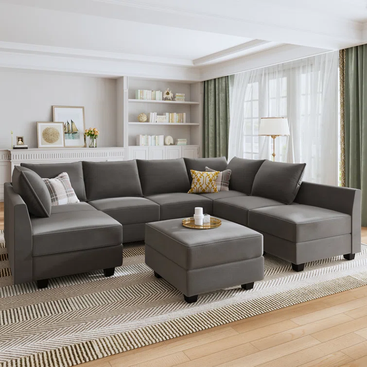 Tremee Modular Corner Sectional Velvet Sofa & Chaise with Ottoman