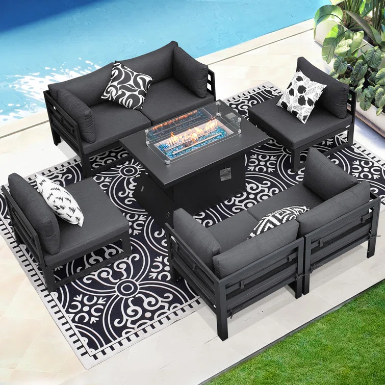 Gillet 7 Piece Patio Outdoor Aluminum Furniture Set with Fire Pit Table 55,000 BTU