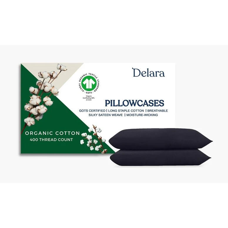 Delara GOTS Certified 100% Organic Cotton Pillowcase Pack of 2, 400 TC Long Staple Cotton, Moisture-Wicking, Smooth & Breathable