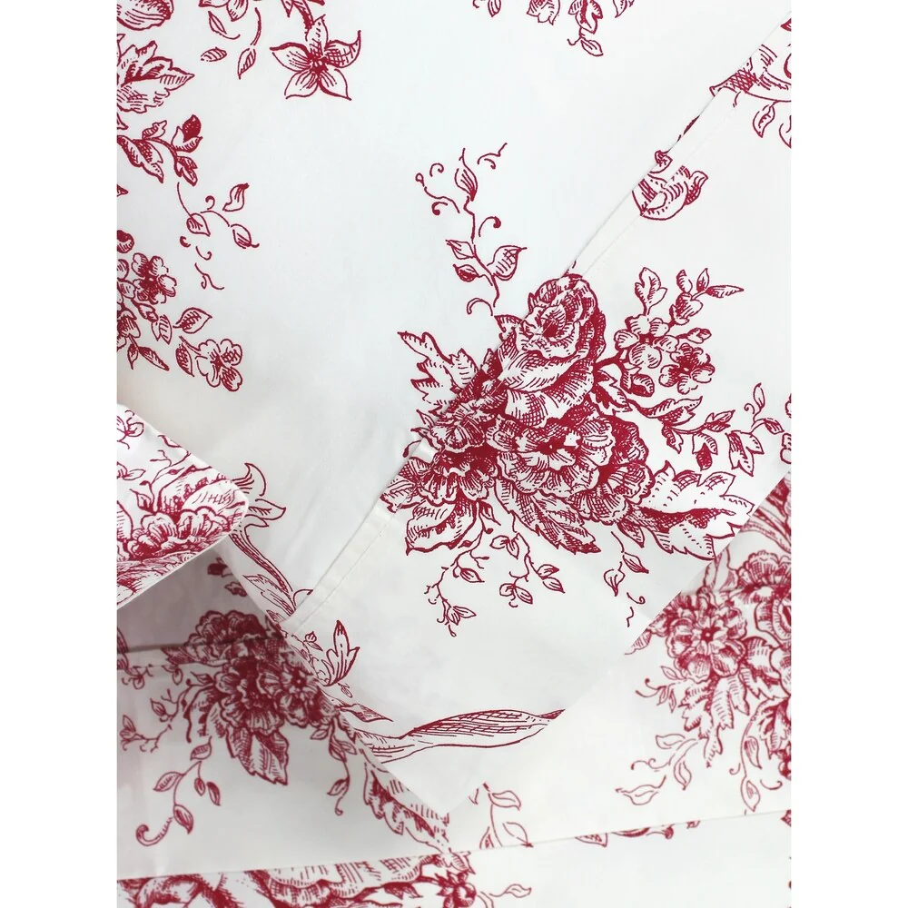 Printed Design Cotton Collection 400 Thread Count Red Toile Embroidered Sheet Set