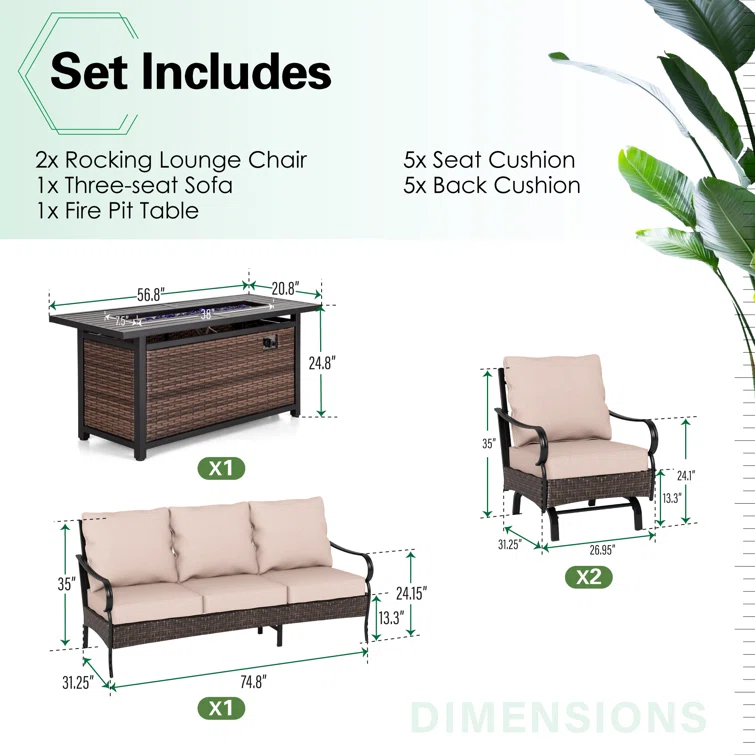 Tapasi 5-7 Person Front Porch Furniture Sets with Fire Pit Table & Rocking Lounge Chairs