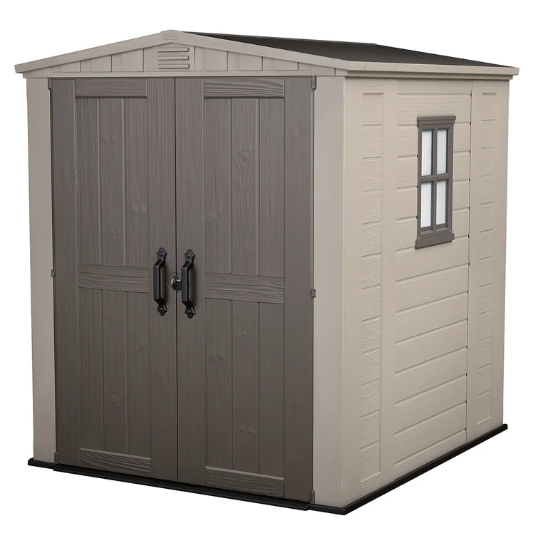 Keter Factor 6x6 ft. Durable Resin Outdoor Storage Shed With Floor and Double Doors for Garden Patio Furniture and Tools, Brown