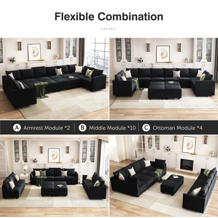 Tremee Velvet Upholstered Modular Sectional Sofa with Ottoman