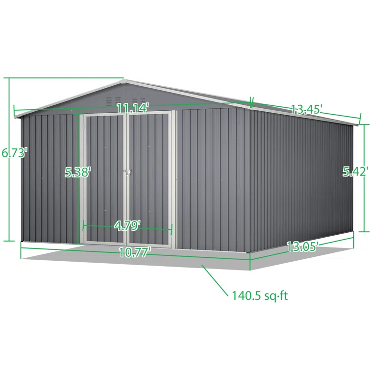 Outdoor 11 ft. W x 13 ft. D  Large Metal Storage Shed