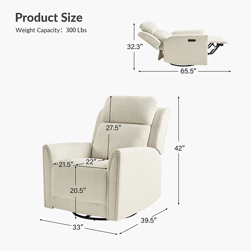 Alois Swivel And Rocker Power Recliner With USB,  Adjustable Headrest and One-Touch Reset