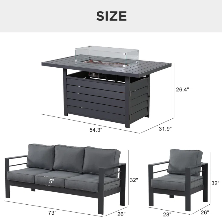 Brandtley 4 Piece Sofa Seating Group with Cushions and Fire Pit Table
