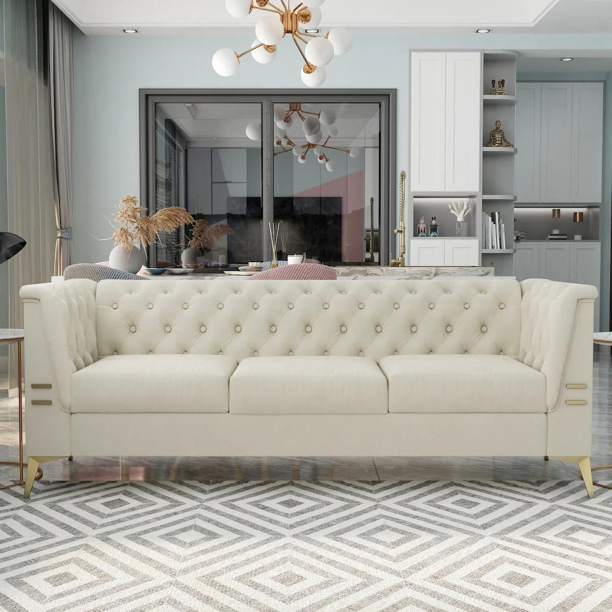 Velvet Upholstered 3-Seater Sofa Modern Living Room Couch Sofa with Deep Button Tufting Sofa and Metal Legs, Square Arms