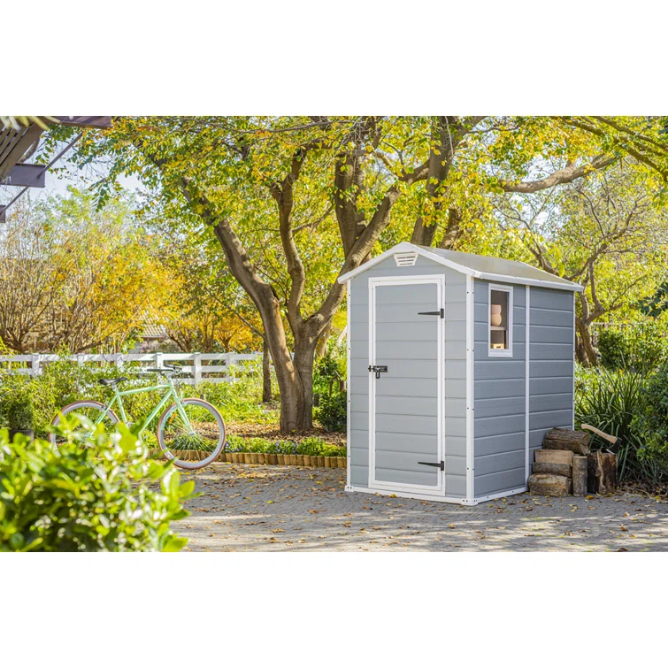 Keter Manor 4x6 ft. Durable Resin Outdoor Storage Shed With Floor and Double Doors for Garden Patio Furniture and Tools, Grey