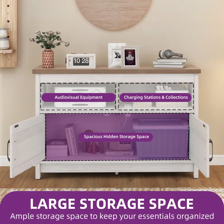 Small Entertainment Center Farmhouse TV Stand Cabinet Media Console Table W/Power Outlets Storage Cabinets