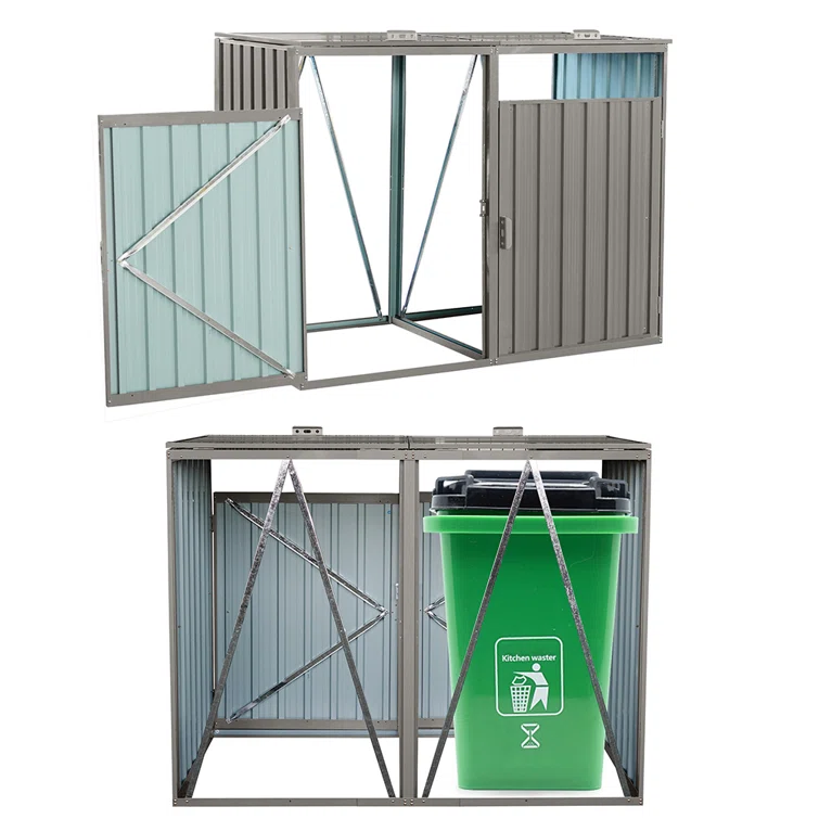 Outdoor Trash Can Storage, Storage Shed For 2 Trash Cans And Tools,Waterproof Garbage Bin Shed