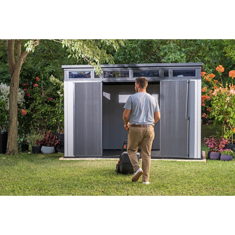Keter Artisan 11x7 ft. Modern Durable Resin Outdoor Storage Shed With Floor and Double Doors for Garden Patio Furniture and Tools, Grey