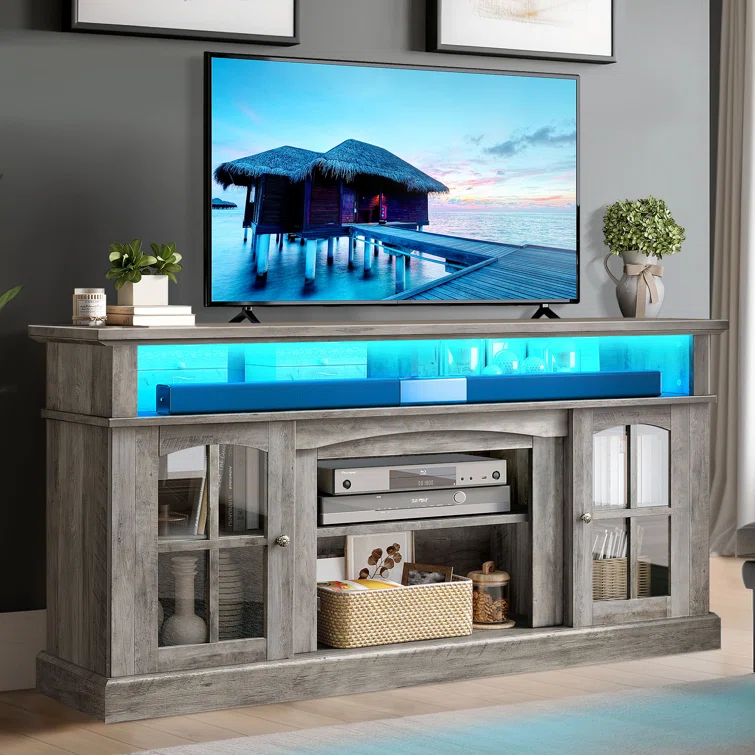 LED Farmhouse Media Entertainment Center Console Table TV Stand  w/Outlets  and Cabinet Glass Door