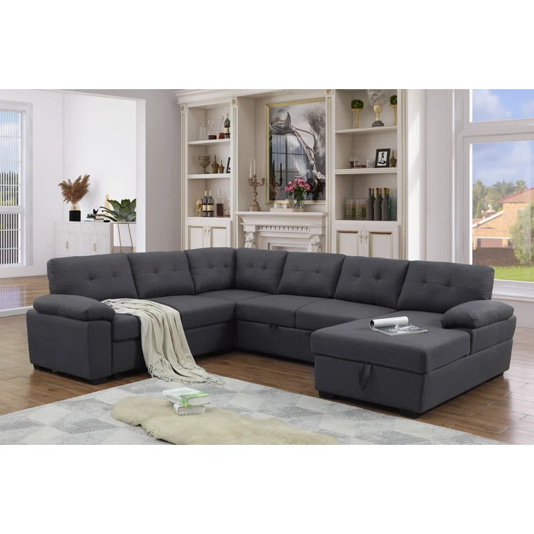 Aine 118" Wide Fabric Sectional Sleeper Sofa (Pull-Out Bed) With Storage Chaise