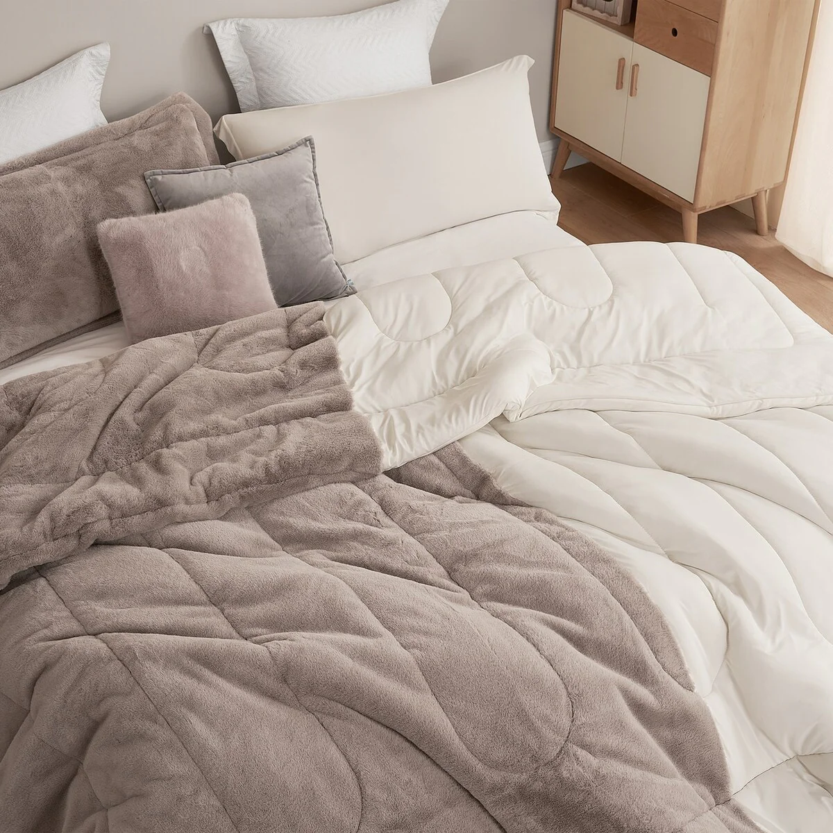 Opposites Attract? - Coma Inducer? Oversized Comforter Set - Plush Brown Bear + Cooling Beige Cream