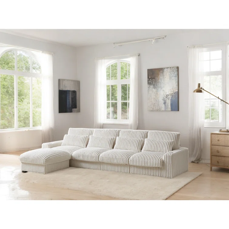 L-shaped Corduroy Sofa With USB Port, T-pyce Port, Movable Footrest, Cup Holder, And Cushions