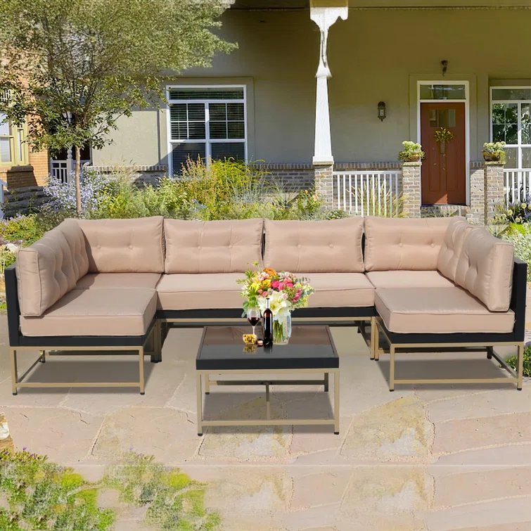 Patio 7-Piece Furniture Set,Outdoor Wicker Sectional Sofa w/Golden Legs<!-- --> <!-- -->(Set of 7)