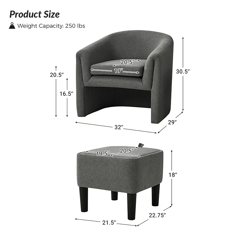 Arnold Modern Upholstered Barrel Chair With Storable Removable Leg Ottoman