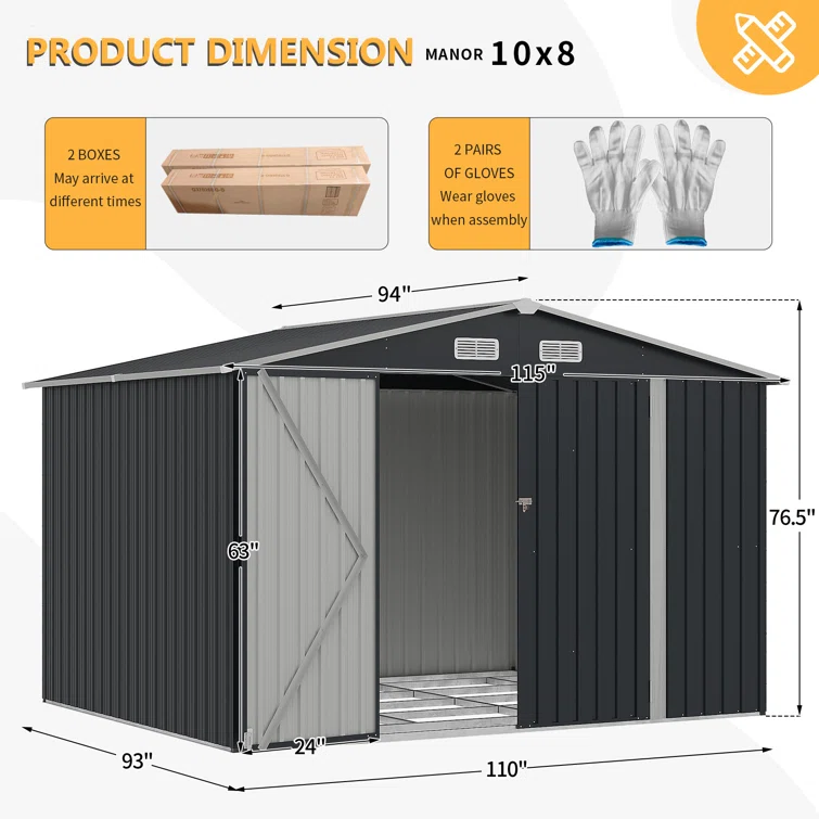 10 ft. W x 8 ft. D Metal Storage Shed with Metal Base Frame Kit