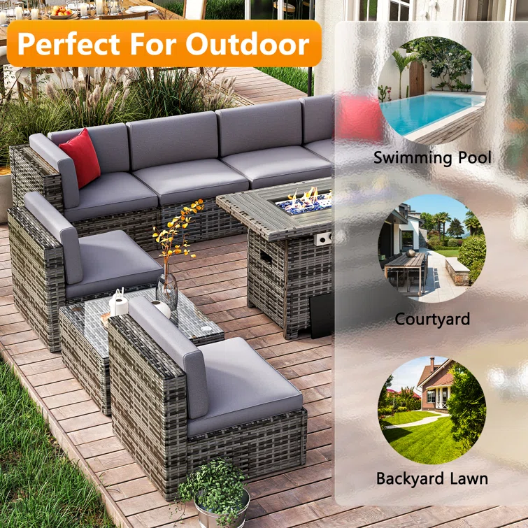 Caradog Wicker 6 - Person Patio Conversation Sets with Cushions Coffee Table and Fire Pit