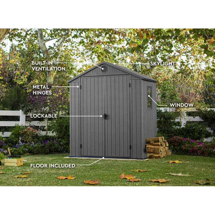Keter Darwin 6x4 ft. Durable Resin Outdoor Storage Shed With Floor and Double Doors for Garden Patio Furniture and Tools, Graphite