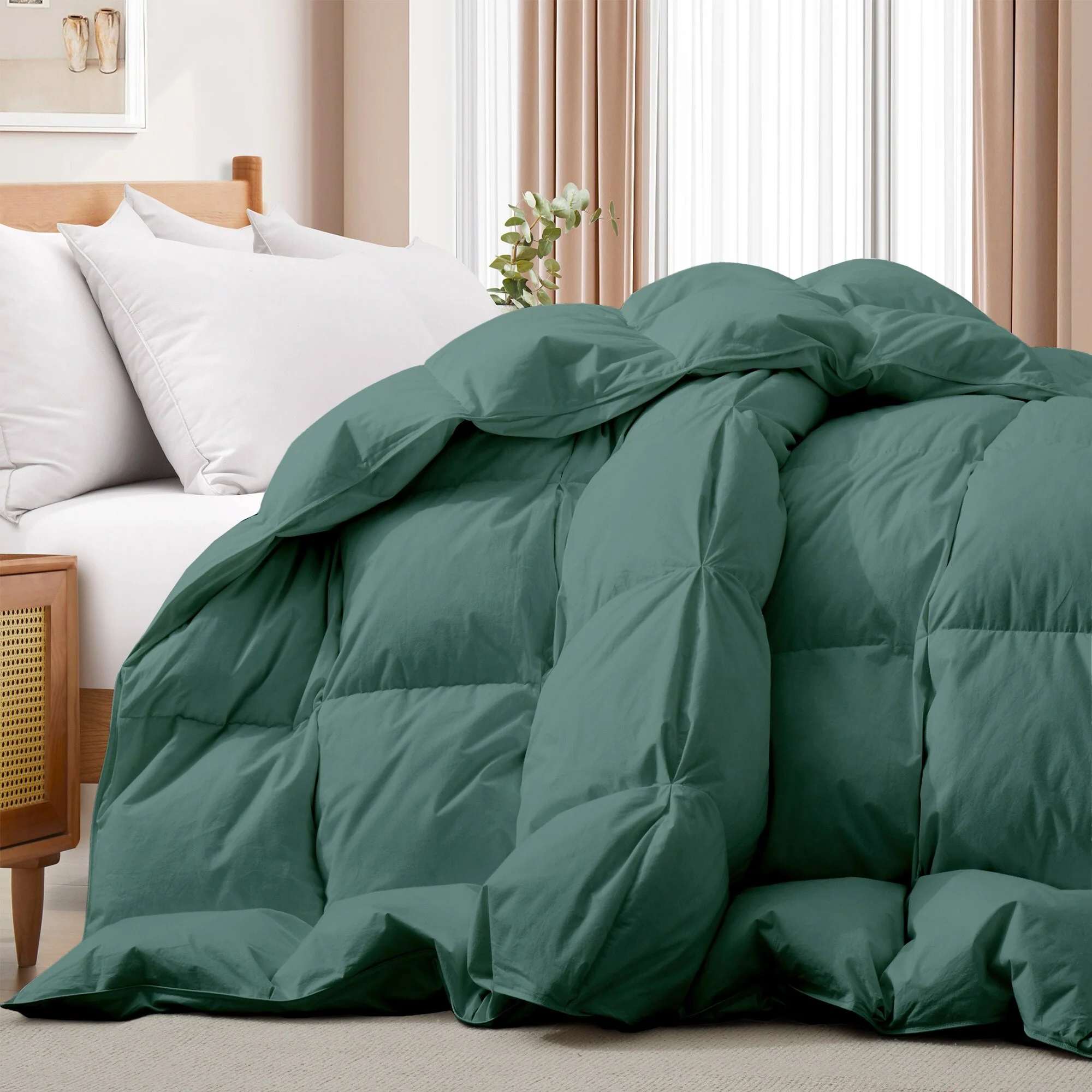 All Season 100% Cotton White Goose Feather Down Comforter with Pinch Pleat Design